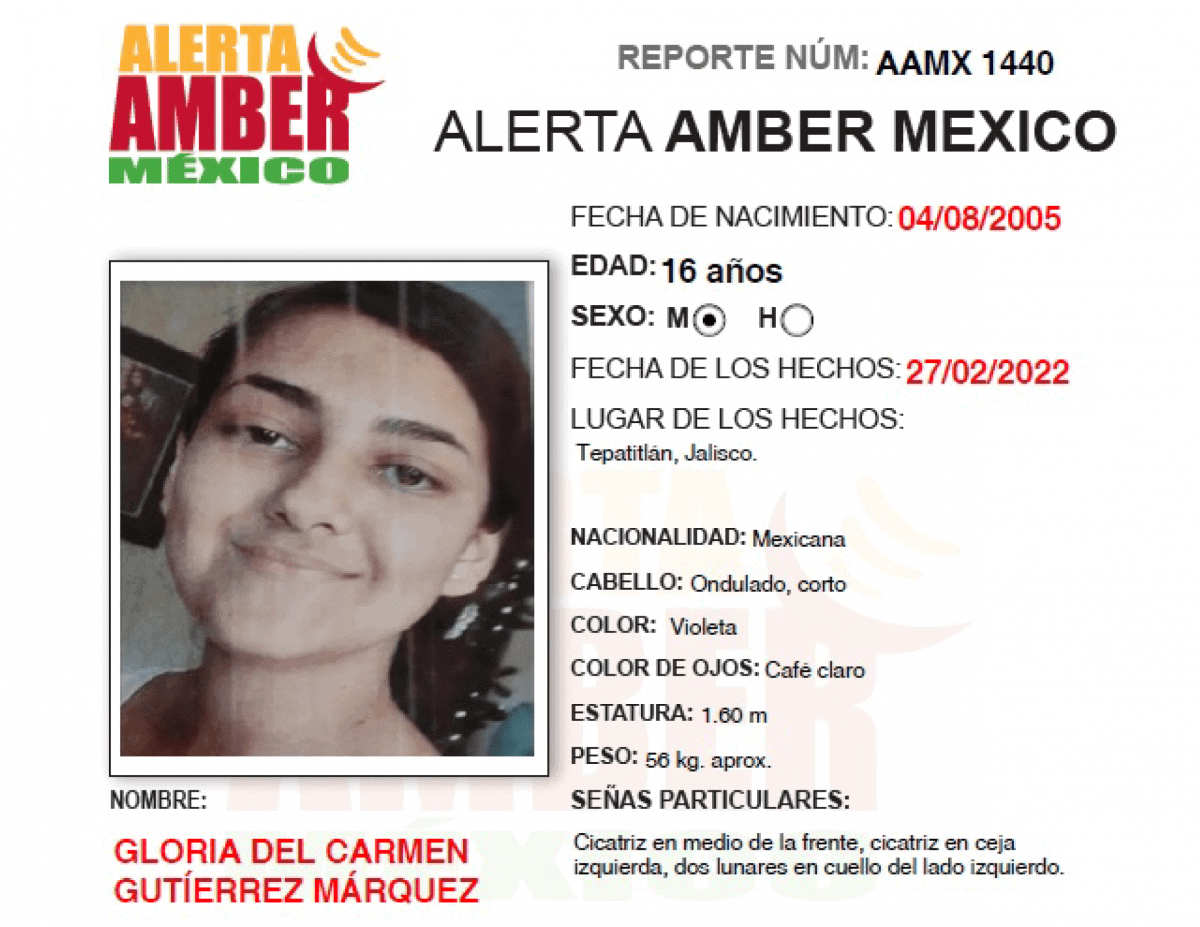 ALERTA AMBER GLORIA DEL CARMEN GUTÍERREZ MÁRQUEZ