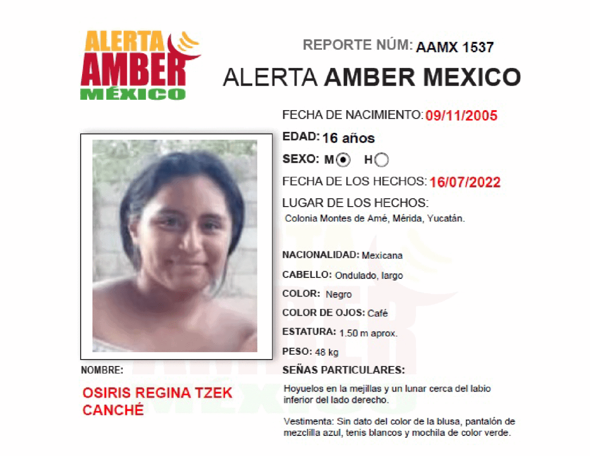 ALERTA AMBER OSIRIS REGINA TZEK CANCHÉ