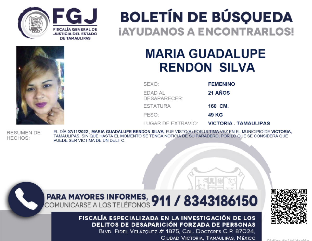 Boletin de Busqueda Maria Gudalupe Rendon