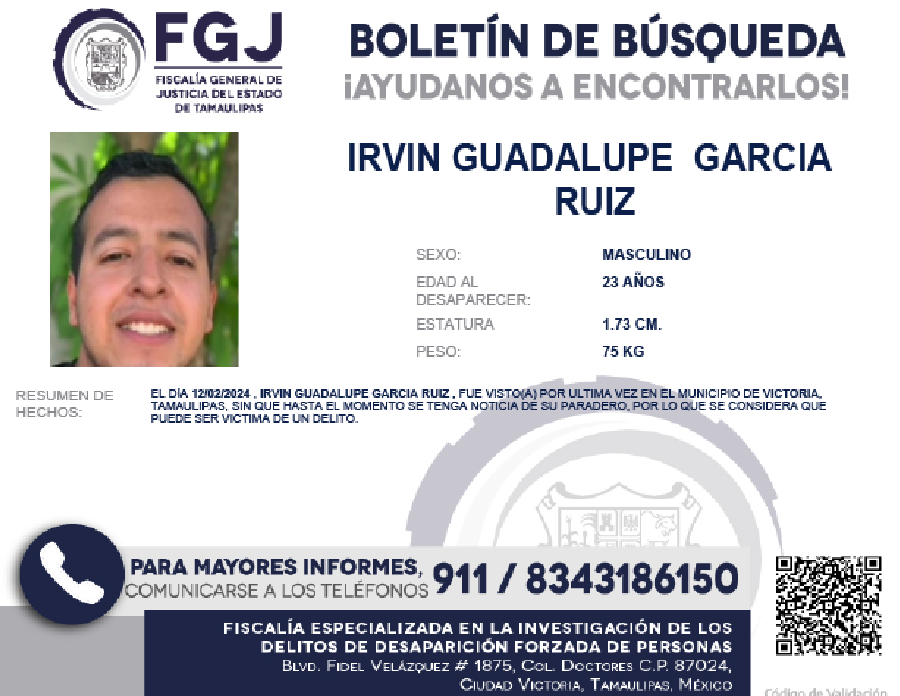 Boletín de Búsqueda Irvin guadalupe