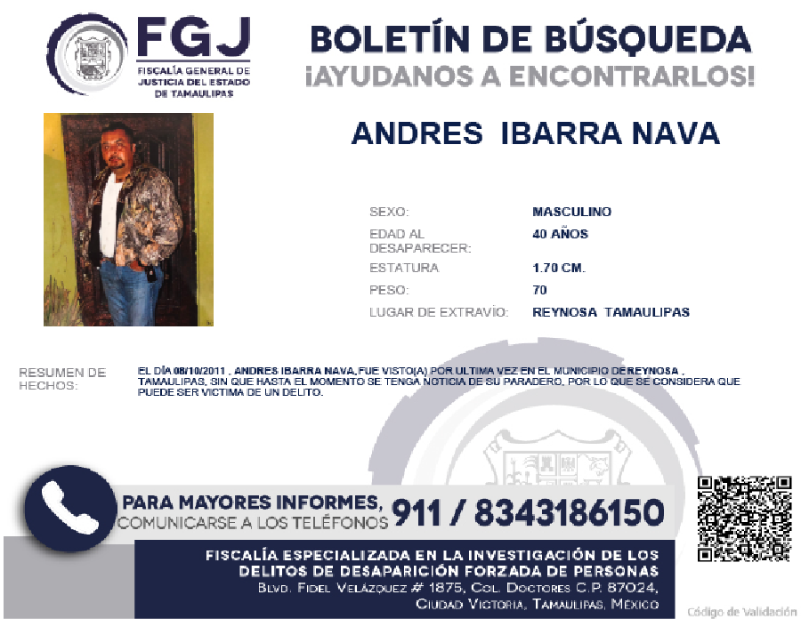 Boletín de Búsqueda Andrés Ibarra Ibarra