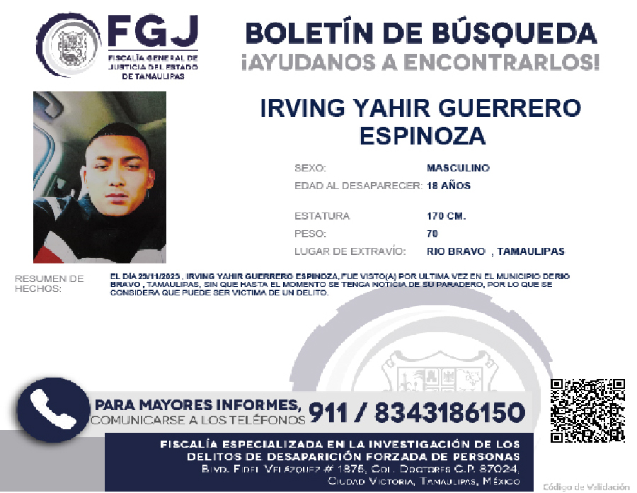 Boletín de Búsqueda Irving Yahir