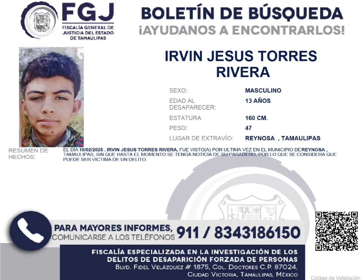 Boletín de Búsqueda Irvin Jesus