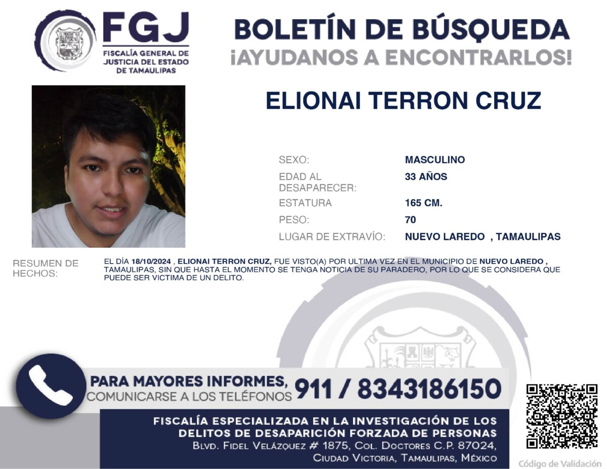 Boletín de Búsqueda publicado Elionai Terron