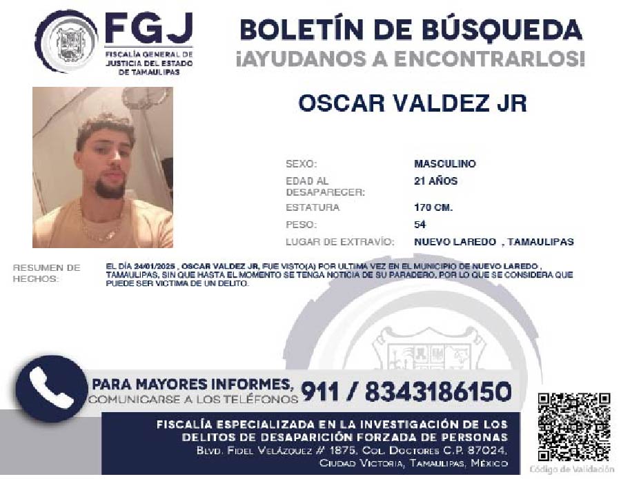 Boletín de Búsqueda Oscar Valdez