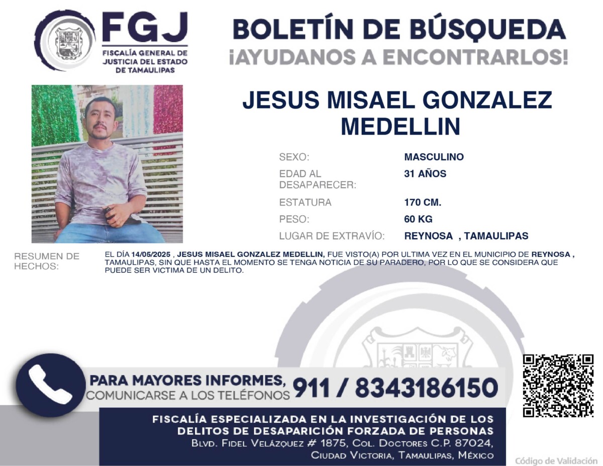Boletín de Búsqueda Jose Misael Gonzalez Medellin