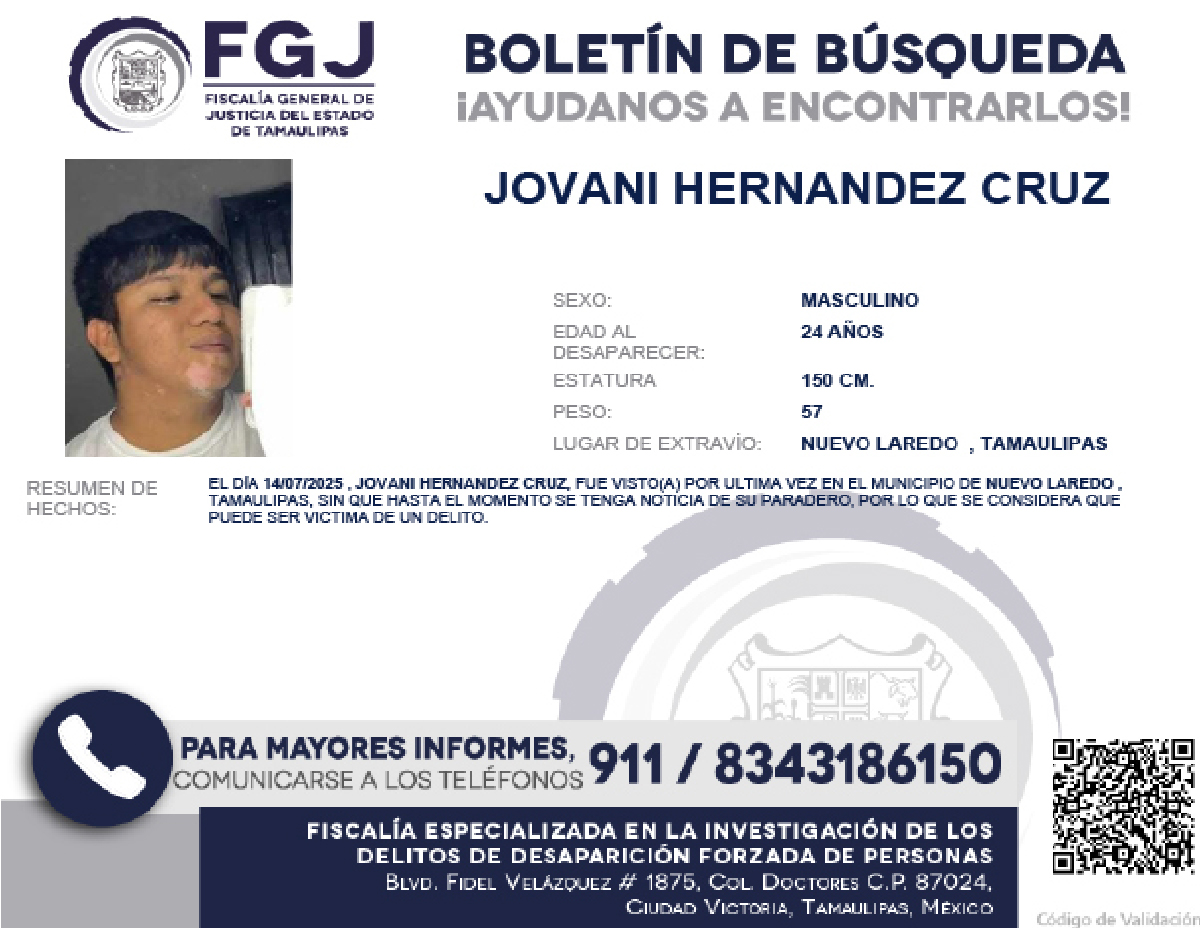 Boletín de Búsqueda Jovani Hernandez