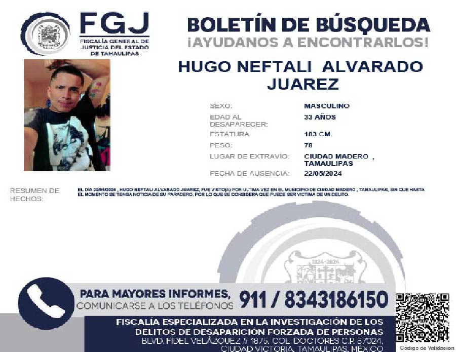 Boletín de Búsqueda Hugo Neftali Alvarado