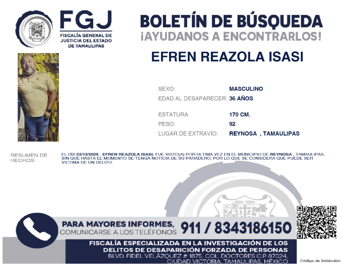 Boletín de Búsqueda Efren Reazola Isasi