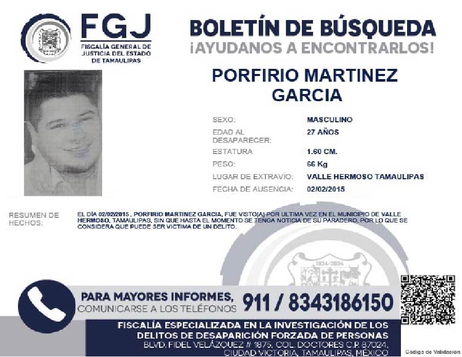 Boletín de Búsqueda Porfirio Martinez