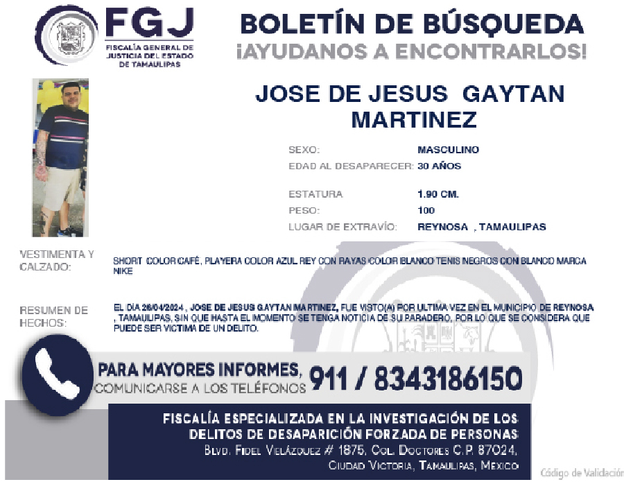 Boletín de búsqueda Jose de Jesus Gaytan