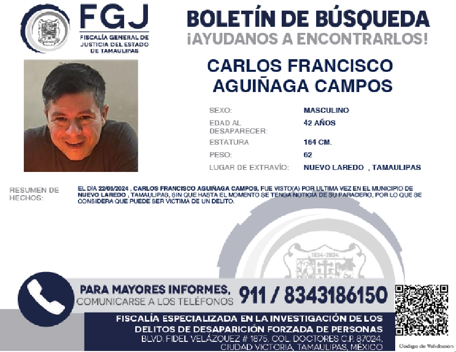 Boletín de búsqueda Artuto Aguiñaga